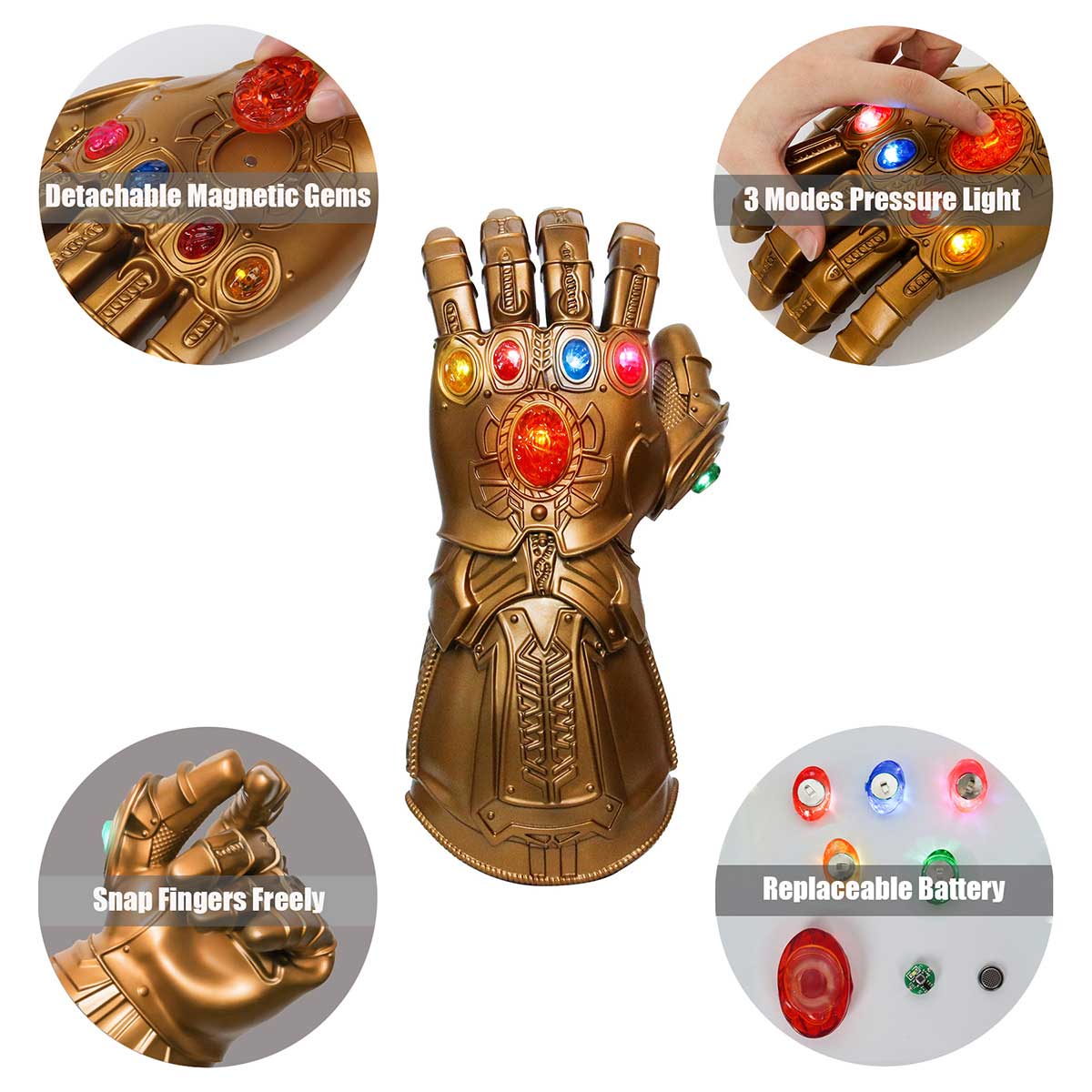 Infinity Gauntlet, Guanto di Thanos War Infinity Gems con 6 Pietre LED  Rimovibili, Design del Magnete, 3 modalità Flash, Puntelli per Feste da