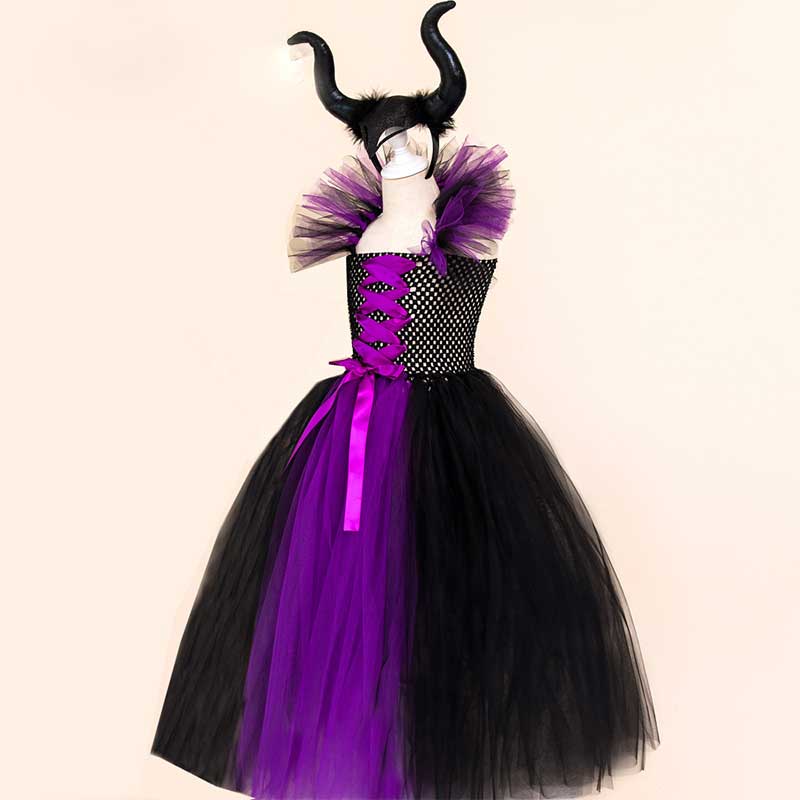 Costume di Halloween per bambini ha portato a illuminare il vestito Tutu  malefica per le ragazze Cosplay Evil Queen Black Mesh Princess Dress